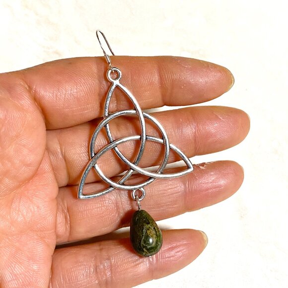 2/$20, Genuine Dark Green Unakite Celtic Trinity Sterling Silver Dangle Earrings - Picture 10 of 11